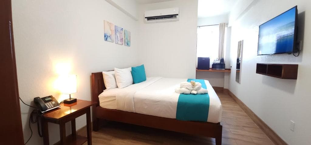 A cozy hotel room featuring a double bed, desk, TV, and modern décor.